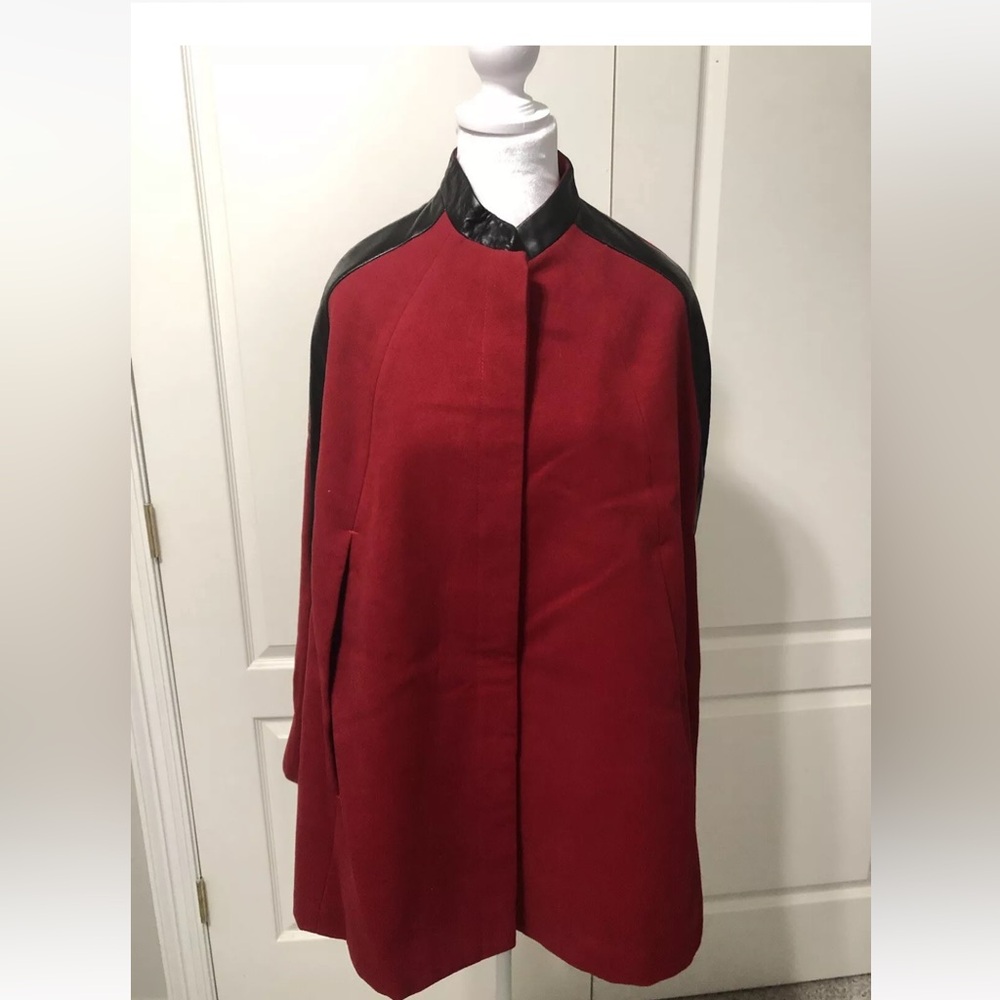 Hal Rubenstein Leather Trimmed Cape XS/small Red And Black Leather NEW